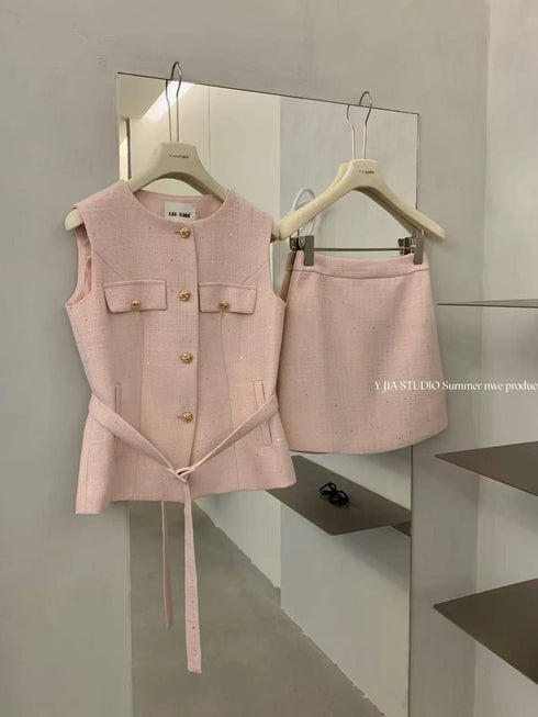 Round Neck Sleeveless Vest With Mini Skirts Tweed Sets